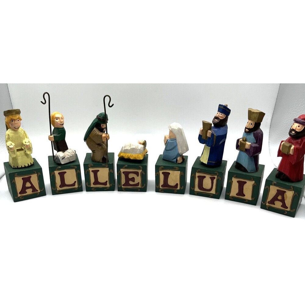 Vtg Carved Wood Alleluia Repositionable Nativity 8 Wood Blocks Removable Figures